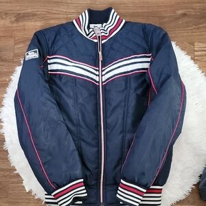 Navy Quilted Bomber Jacket with Striped Details Unisex Size S